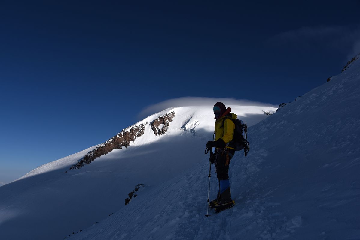 06C Guide Liza Pahl Waiting For Me On The Traverse With Mount Elbrus Main West Summit